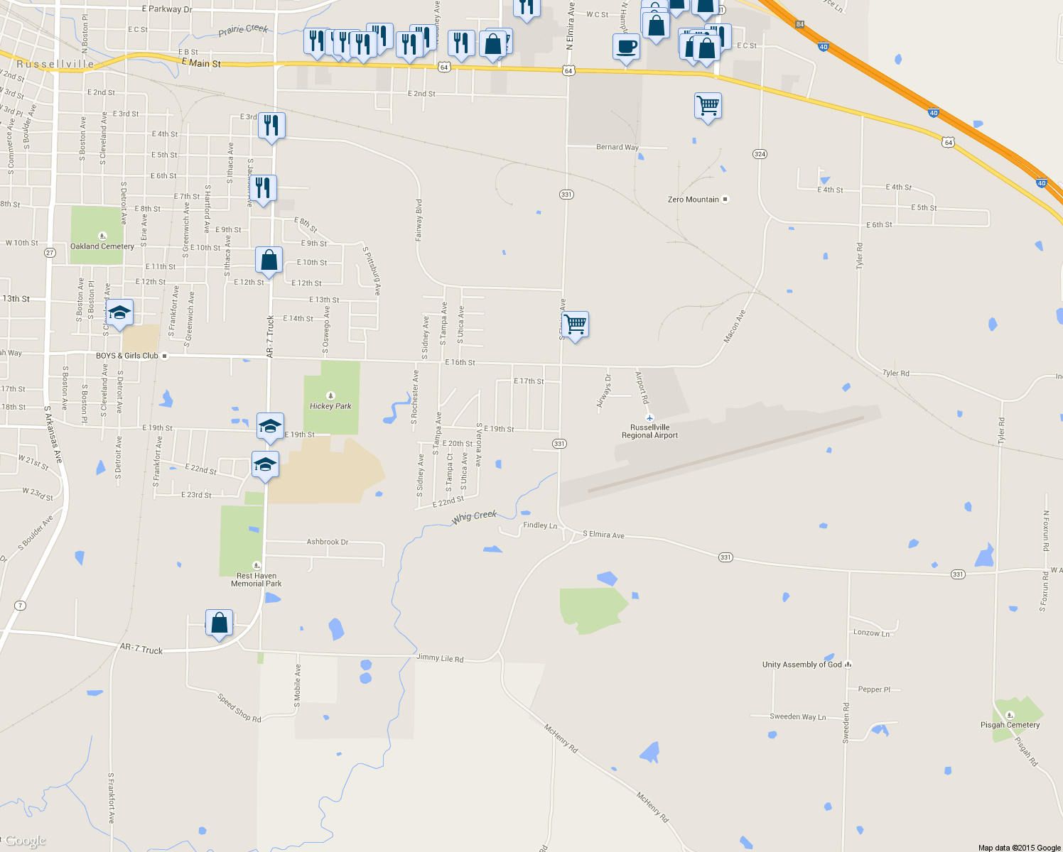 map of restaurants, bars, coffee shops, grocery stores, and more near 1813 South Columbus Avenue in Russellville