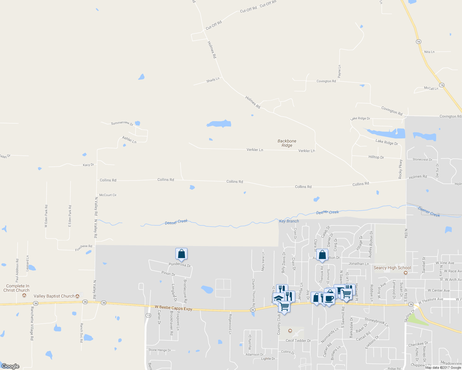map of restaurants, bars, coffee shops, grocery stores, and more near 283 Collins Road in Searcy