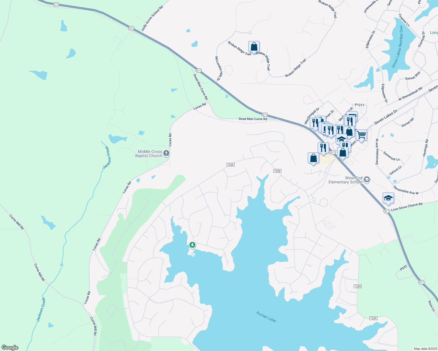 map of restaurants, bars, coffee shops, grocery stores, and more near 141 Longleaf Drive in West End