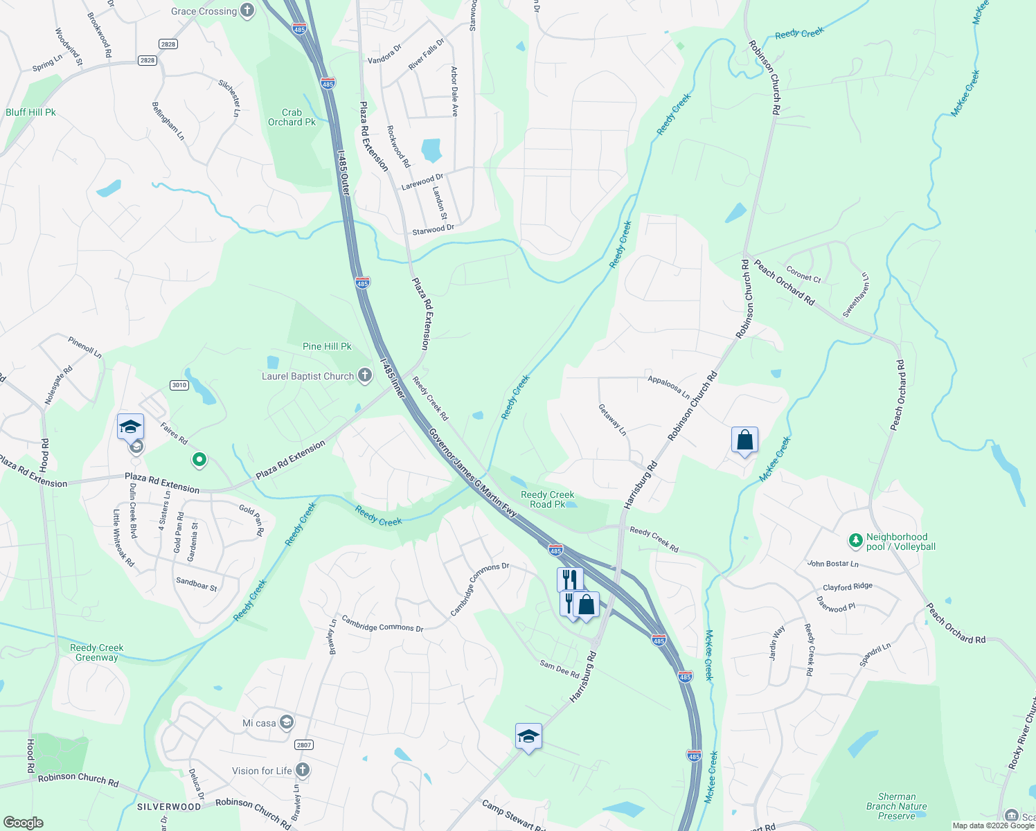 map of restaurants, bars, coffee shops, grocery stores, and more near 11539 Gelding Dr in Charlotte