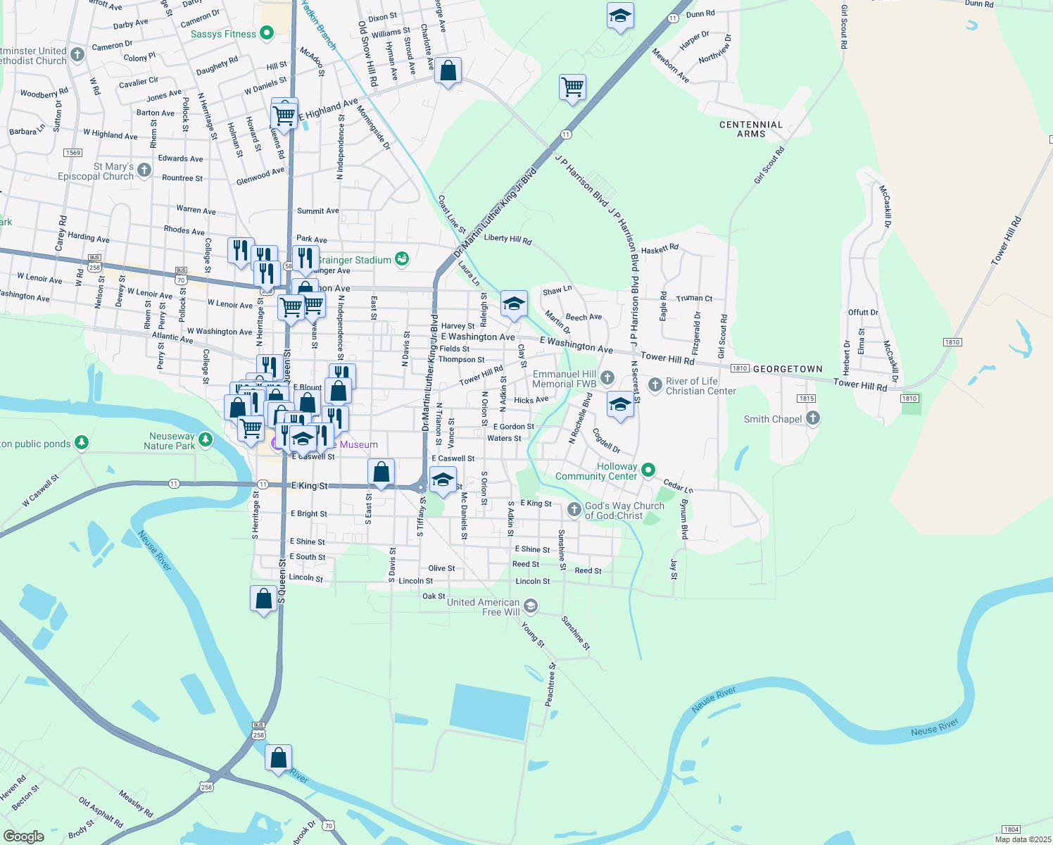 map of restaurants, bars, coffee shops, grocery stores, and more near 202 Clay St in Kinston