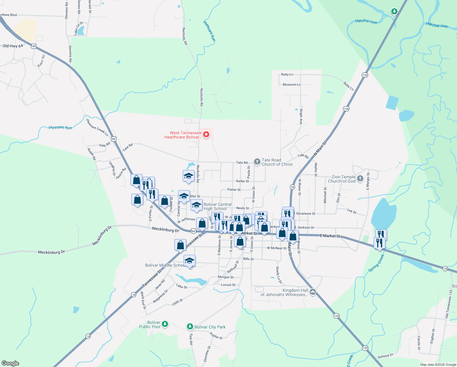 map of restaurants, bars, coffee shops, grocery stores, and more near 543 North Jones Street in Bolivar