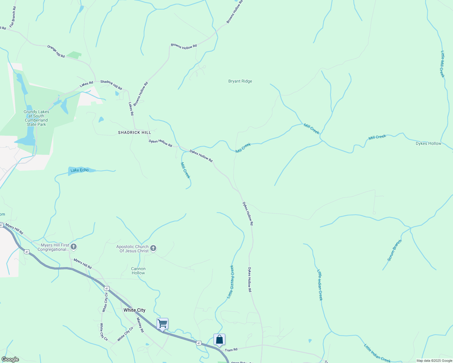 map of restaurants, bars, coffee shops, grocery stores, and more near 1605 Dykes Hollow Road in Tracy City