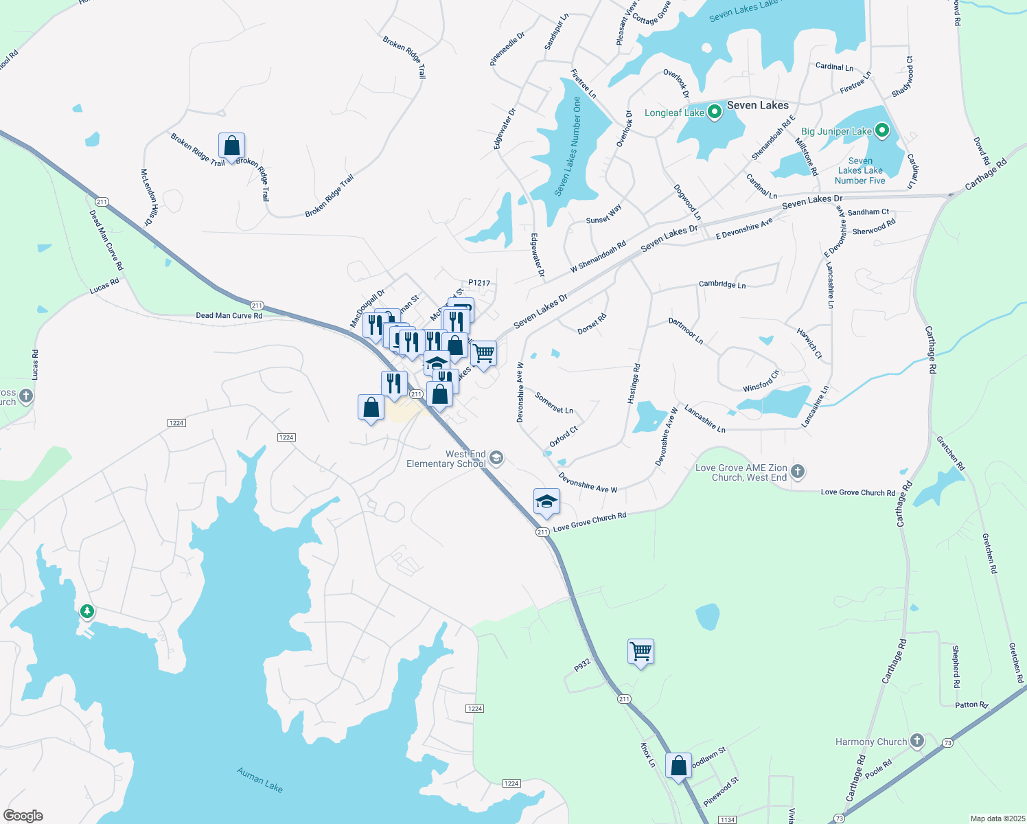 map of restaurants, bars, coffee shops, grocery stores, and more near 190 Devonshire Avenue West in Seven Lakes