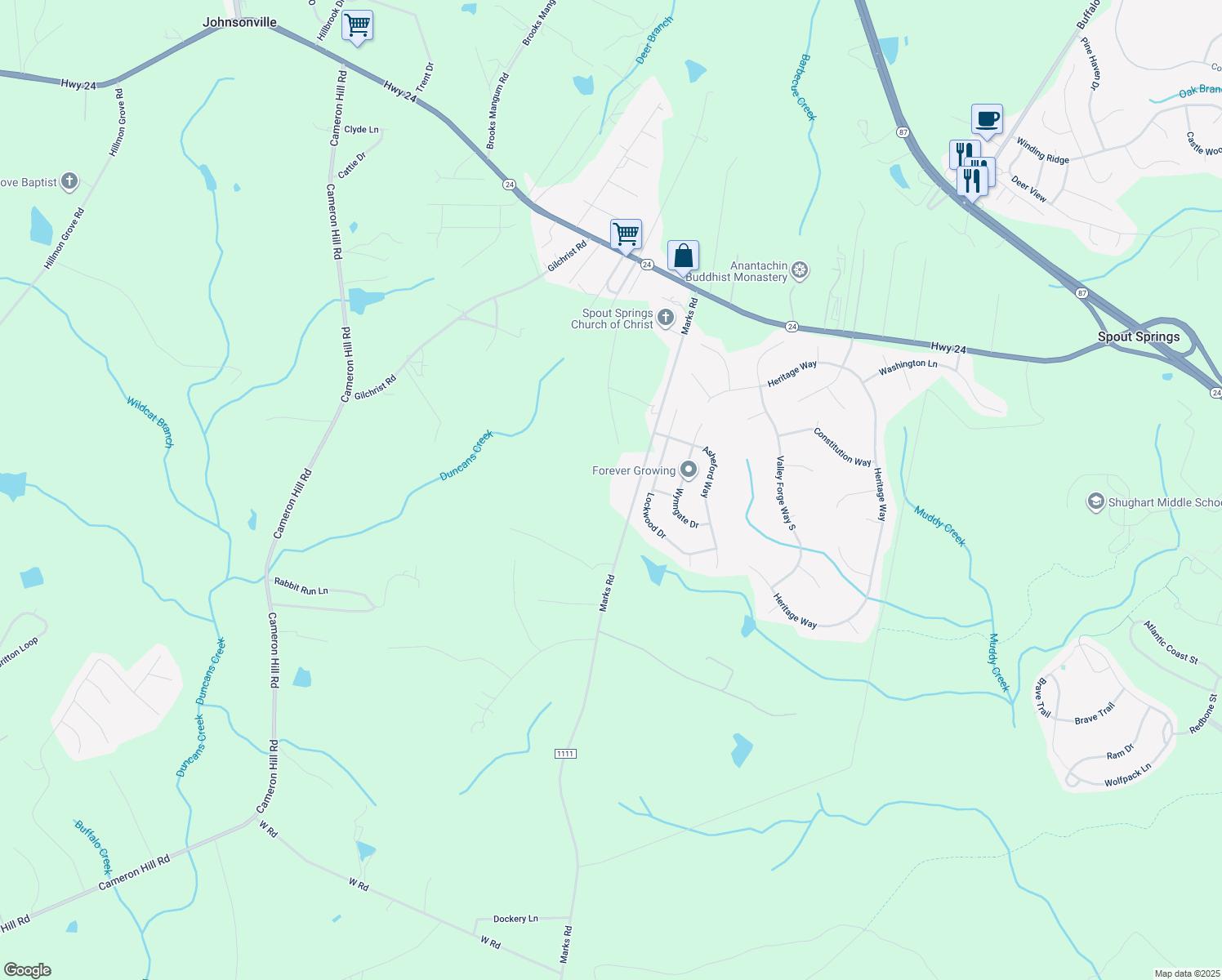 map of restaurants, bars, coffee shops, grocery stores, and more near 676 Marks Road in Cameron