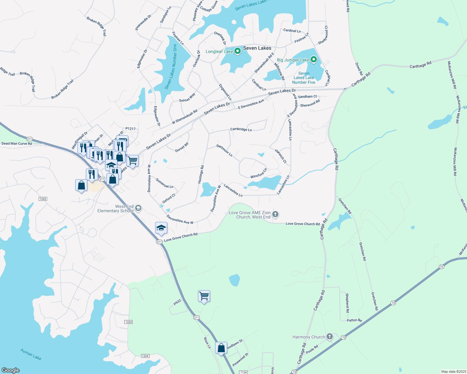 map of restaurants, bars, coffee shops, grocery stores, and more near 160 Lancashire Lane in Seven Lakes