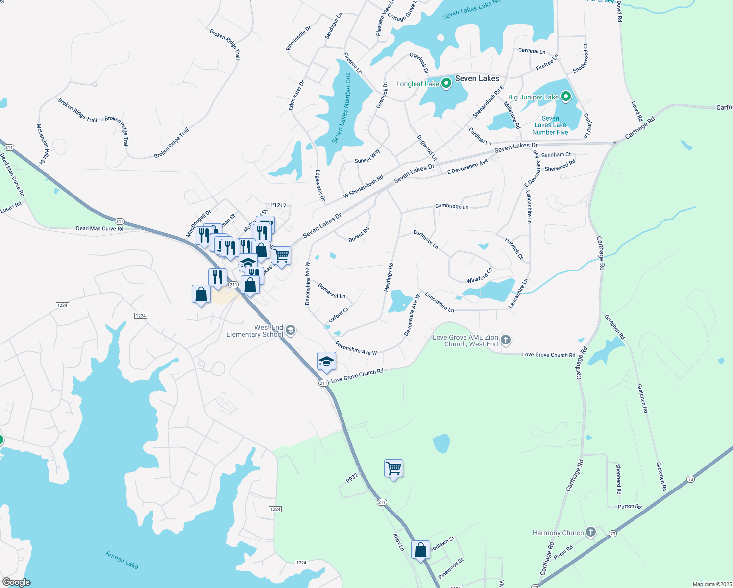 map of restaurants, bars, coffee shops, grocery stores, and more near 120 Oxford Court in Seven Lakes