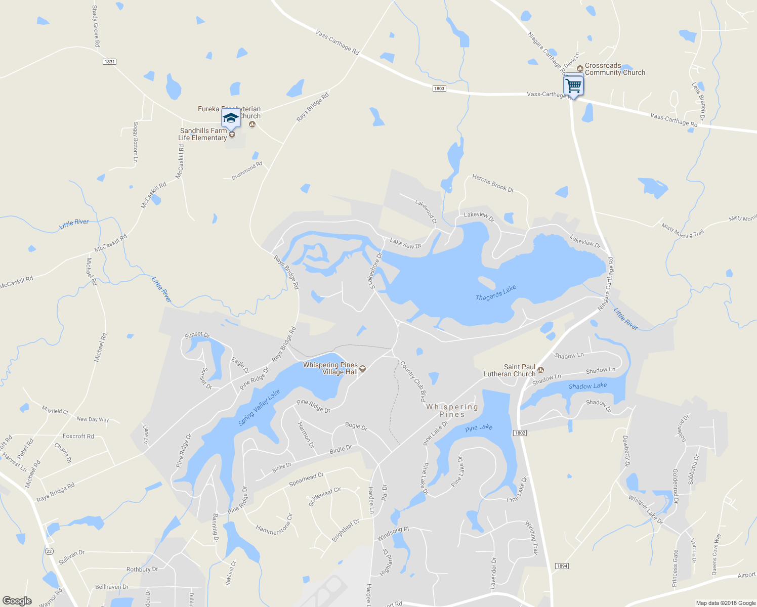 map of restaurants, bars, coffee shops, grocery stores, and more near 113 South Lakeshore Drive in Whispering Pines