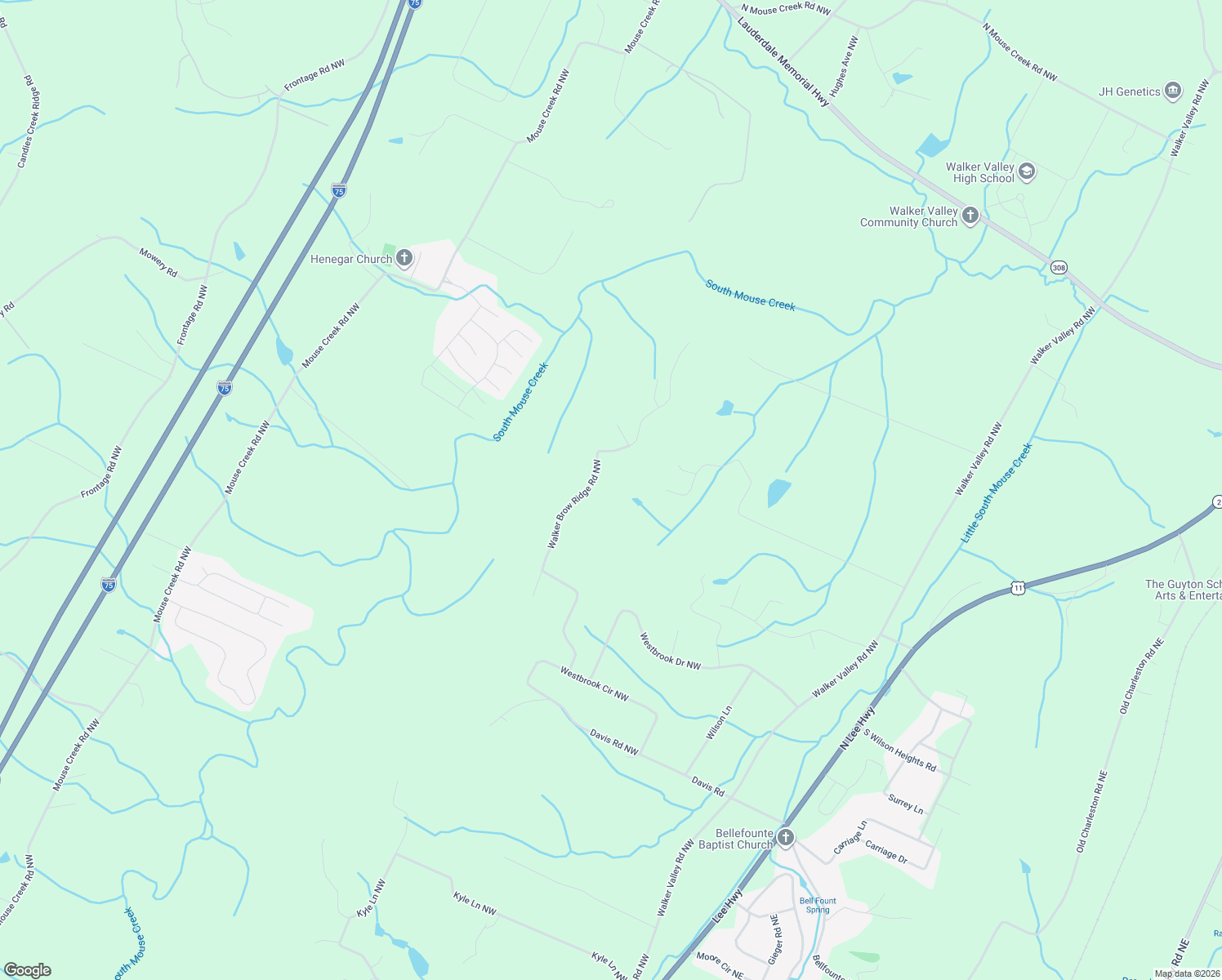 map of restaurants, bars, coffee shops, grocery stores, and more near 318 Walker Brow Ridge Road Northwest in Cleveland