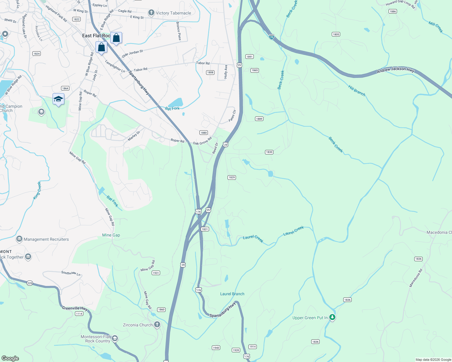 map of restaurants, bars, coffee shops, grocery stores, and more near 30 Kay Rd in Flat Rock