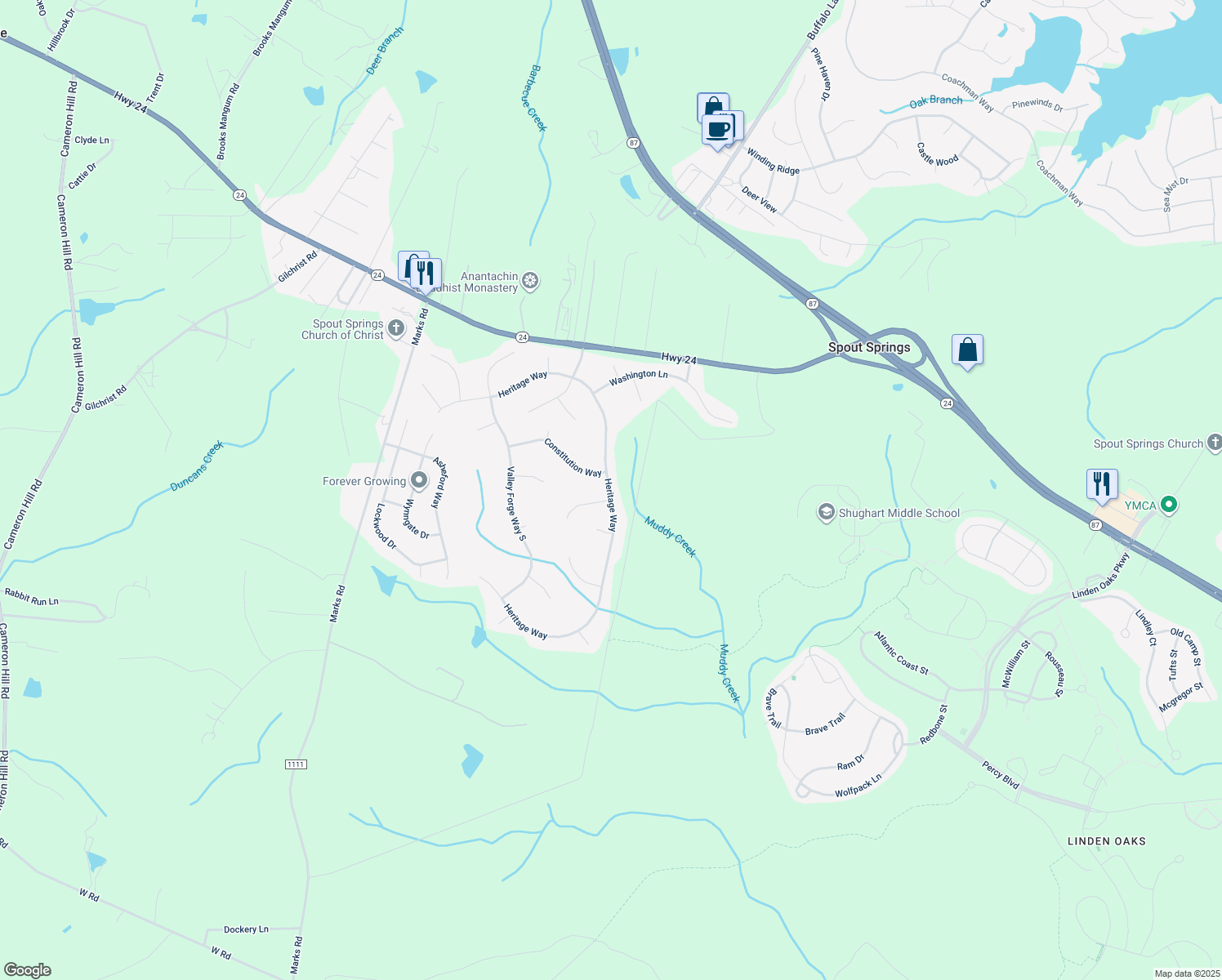 map of restaurants, bars, coffee shops, grocery stores, and more near 647 Heritage Way in Cameron