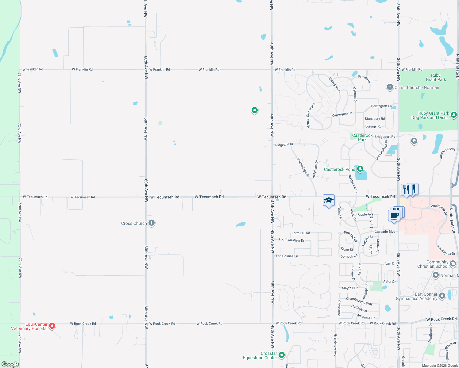 map of restaurants, bars, coffee shops, grocery stores, and more near 5201 W Tecumseh Rd in Norman