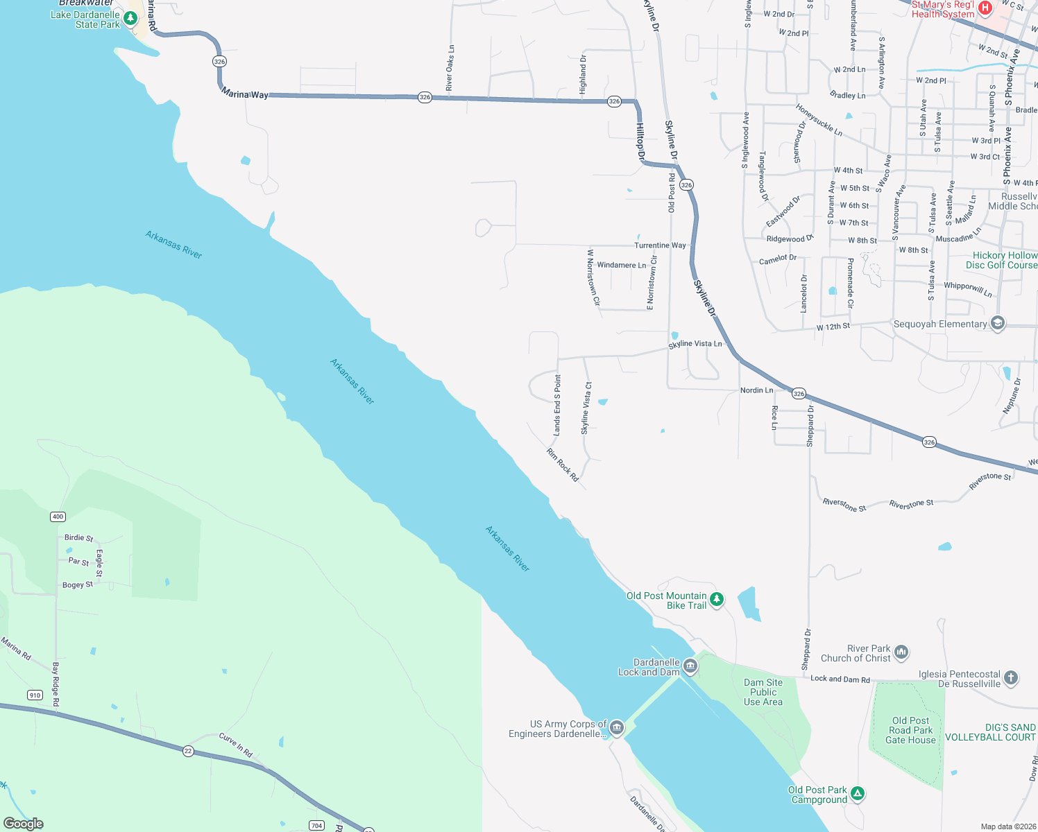 map of restaurants, bars, coffee shops, grocery stores, and more near 1 Rim Rock Road in Russellville
