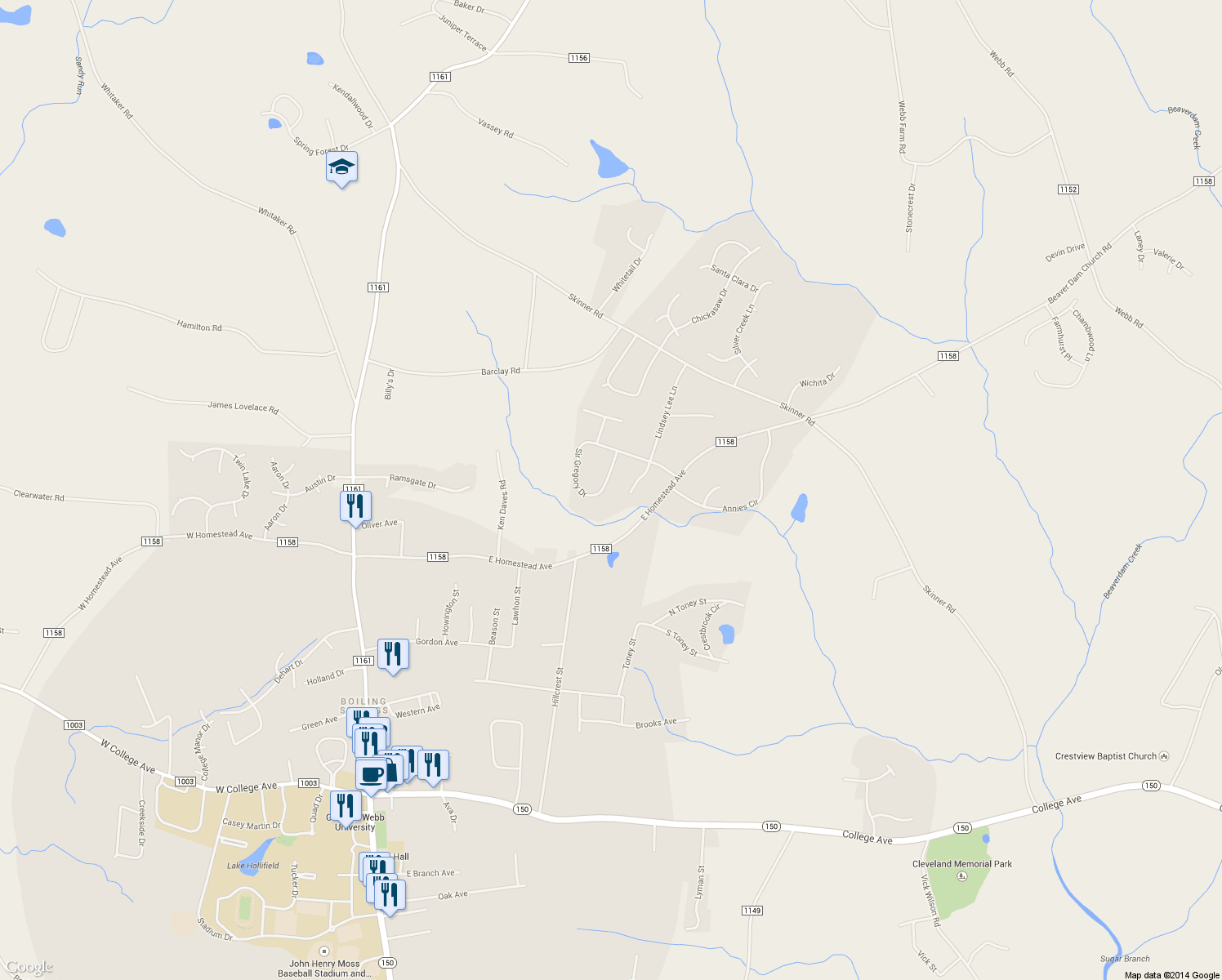 map of restaurants, bars, coffee shops, grocery stores, and more near 166 Sir Gregory Drive in Shelby