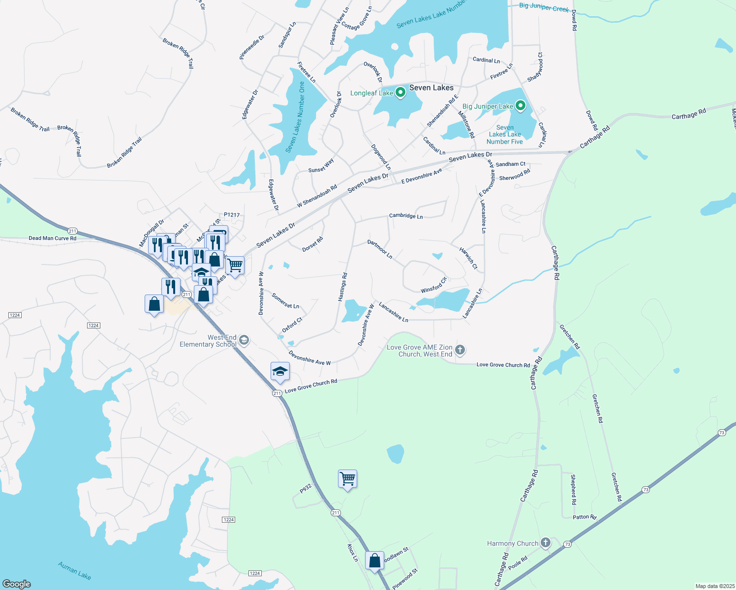 map of restaurants, bars, coffee shops, grocery stores, and more near 165 Lancashire Lane in West End