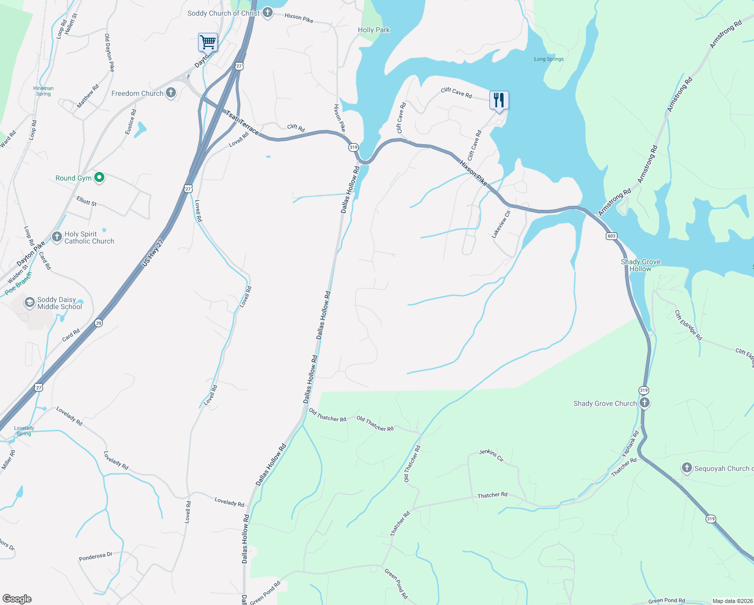 map of restaurants, bars, coffee shops, grocery stores, and more near 1047 Apollo Drive in Soddy-Daisy