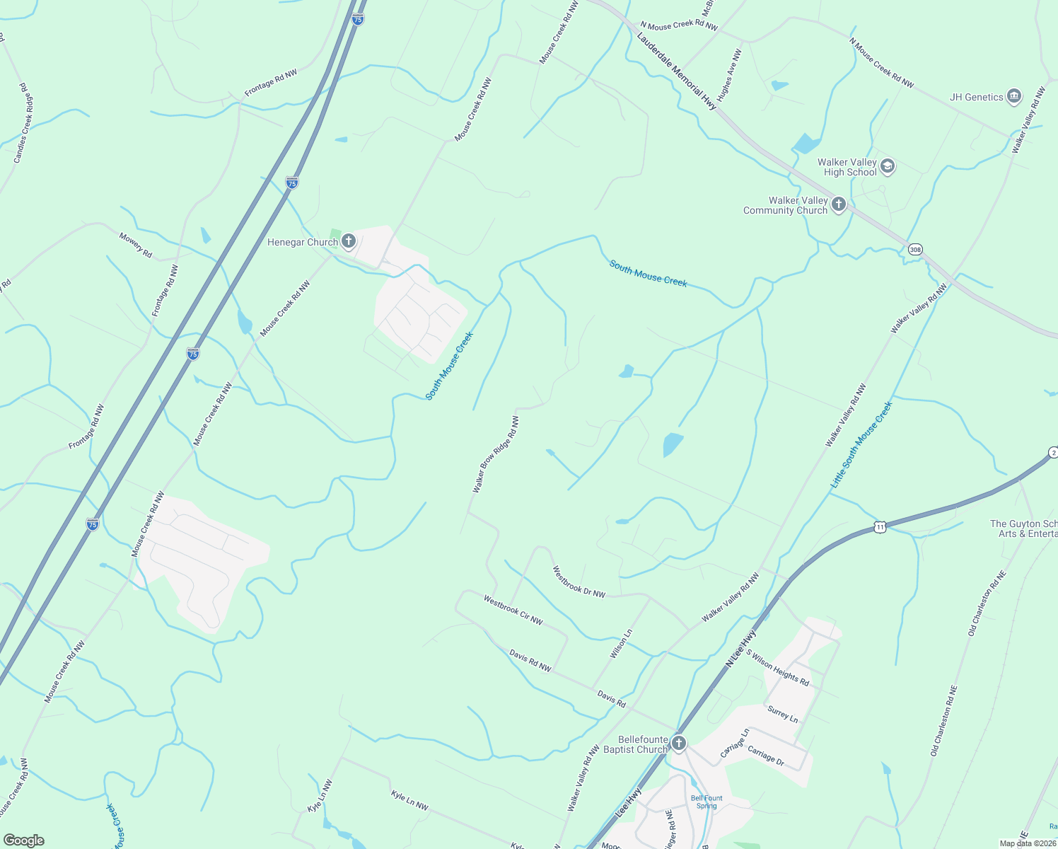 map of restaurants, bars, coffee shops, grocery stores, and more near 318 Walker Brow Ridge Rd NW in Cleveland
