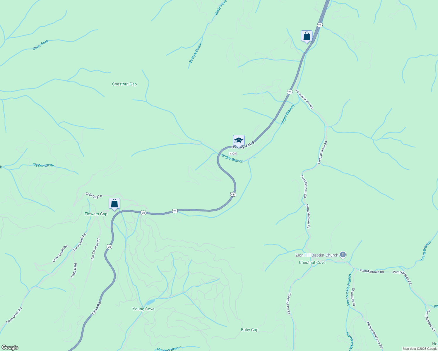 map of restaurants, bars, coffee shops, grocery stores, and more near 175 Redlands Place in Sylva