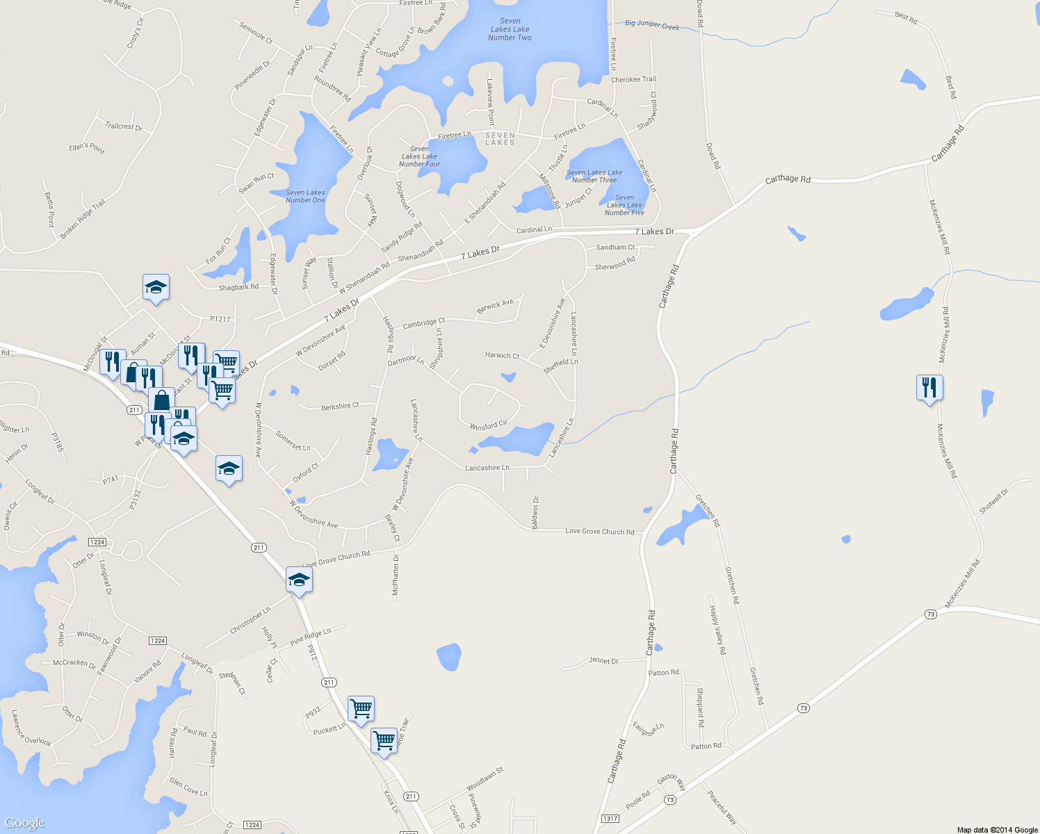 map of restaurants, bars, coffee shops, grocery stores, and more near 128 Winsford Circle in Seven Lakes