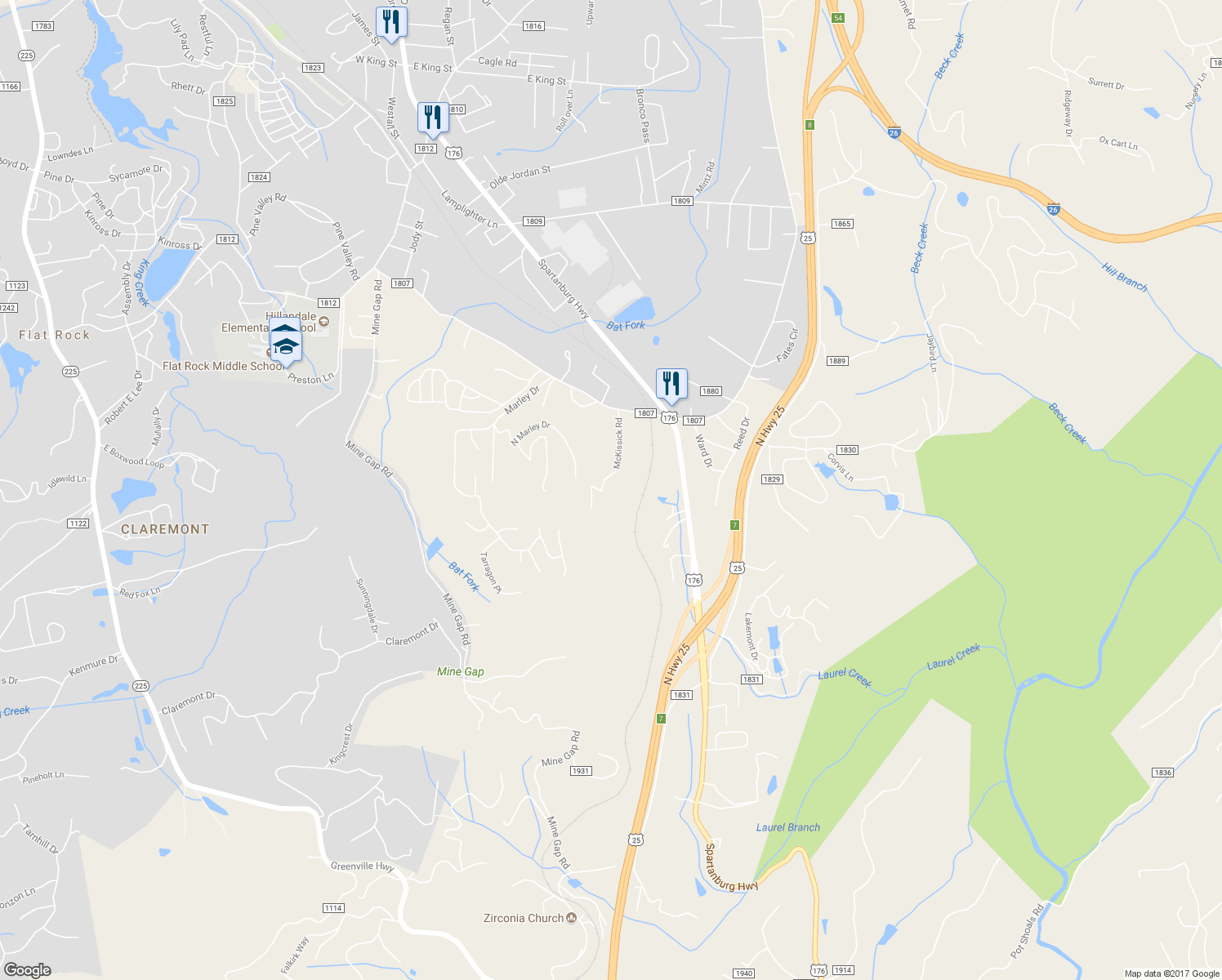 map of restaurants, bars, coffee shops, grocery stores, and more near 246 McKissick Road in Flat Rock