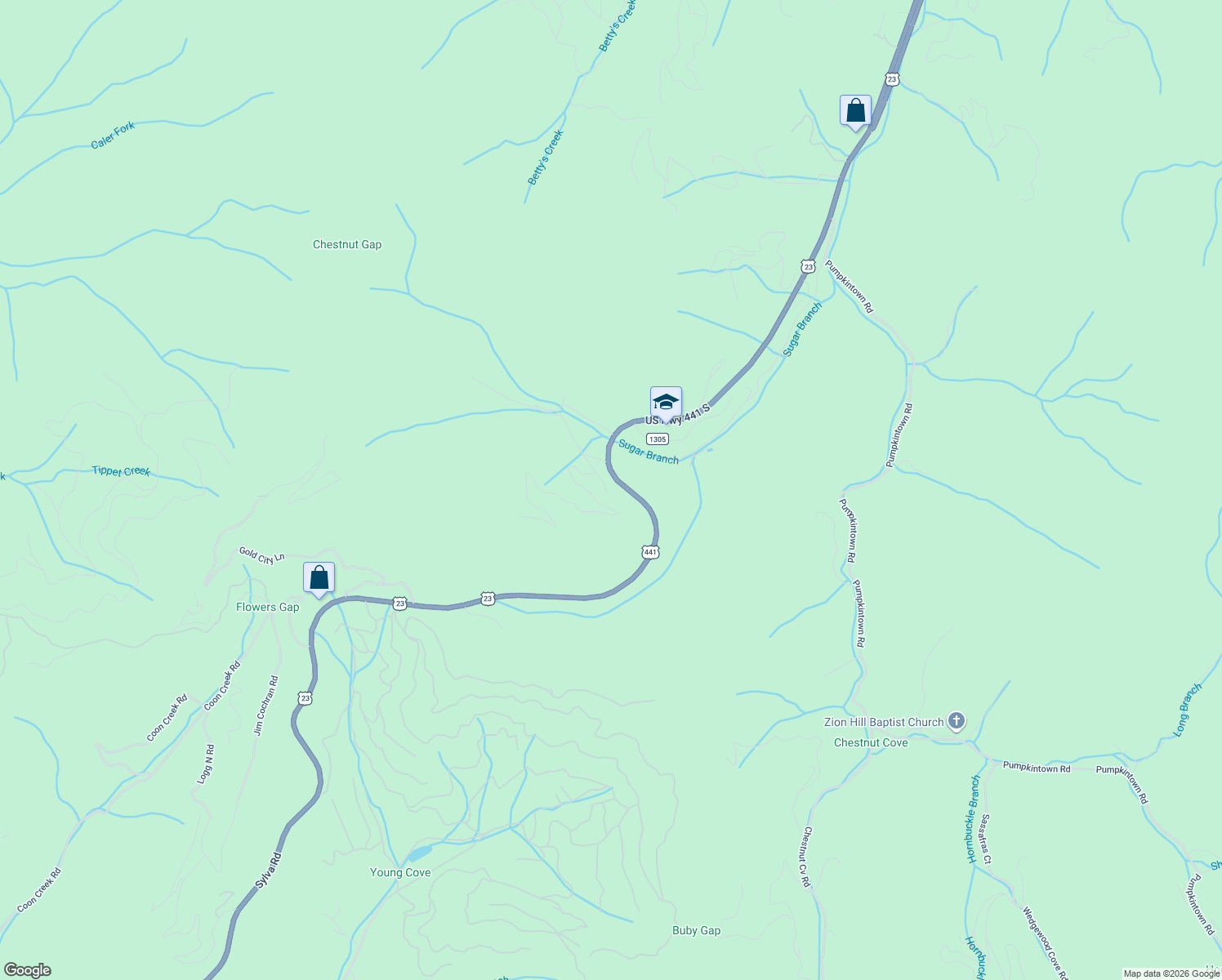 map of restaurants, bars, coffee shops, grocery stores, and more near 202 Redlands Place in Sylva