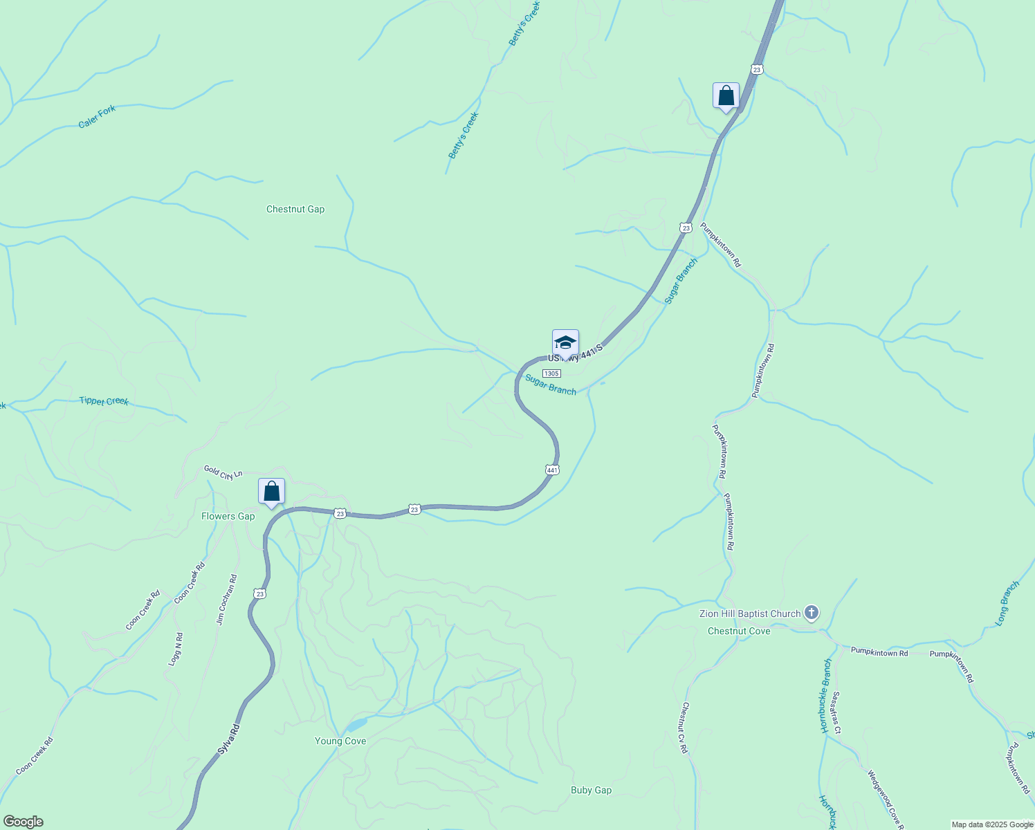 map of restaurants, bars, coffee shops, grocery stores, and more near 175 Redlands Place in Sylva