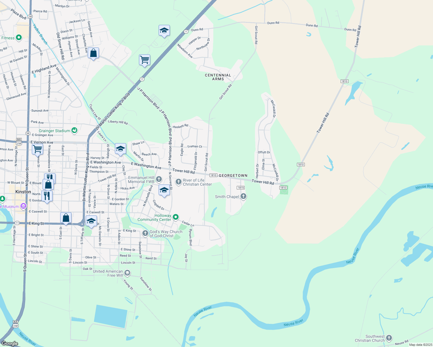 map of restaurants, bars, coffee shops, grocery stores, and more near 2108 Tower Hill Road in Kinston