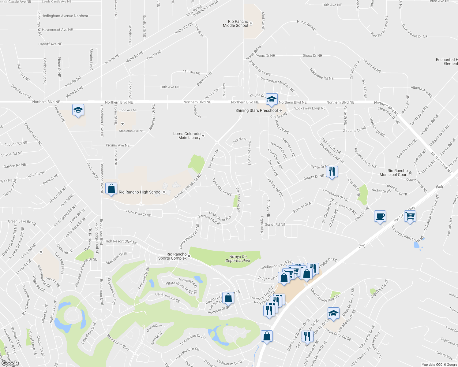 map of restaurants, bars, coffee shops, grocery stores, and more near 805 Palo Alto Drive Northeast in Rio Rancho
