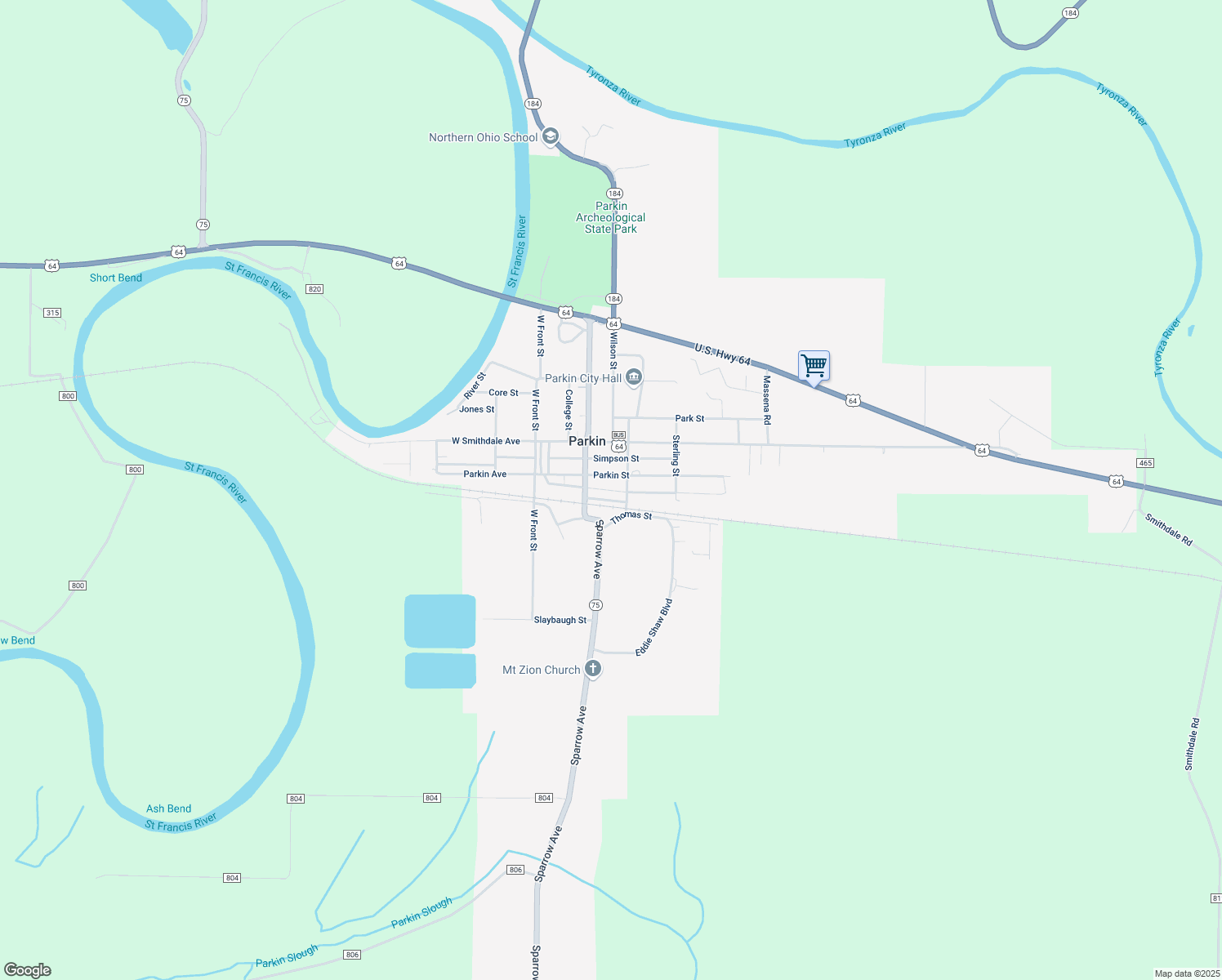 map of restaurants, bars, coffee shops, grocery stores, and more near Melton Drive in Parkin