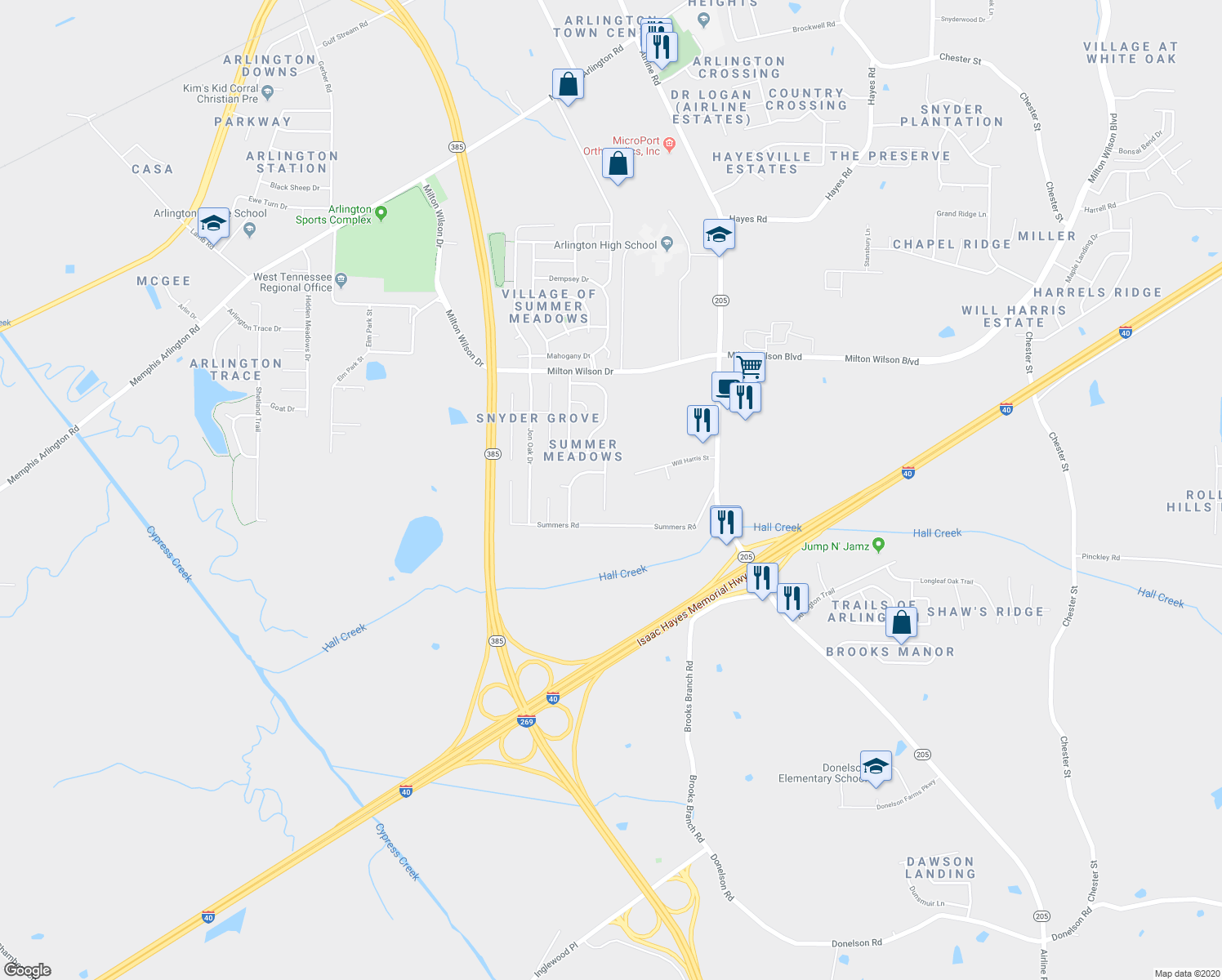 map of restaurants, bars, coffee shops, grocery stores, and more near 5116 Summer Mist Cove in Arlington