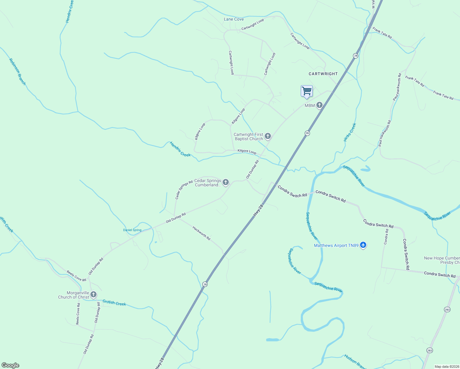 map of restaurants, bars, coffee shops, grocery stores, and more near 599 Cedar Springs Rd in Whitwell