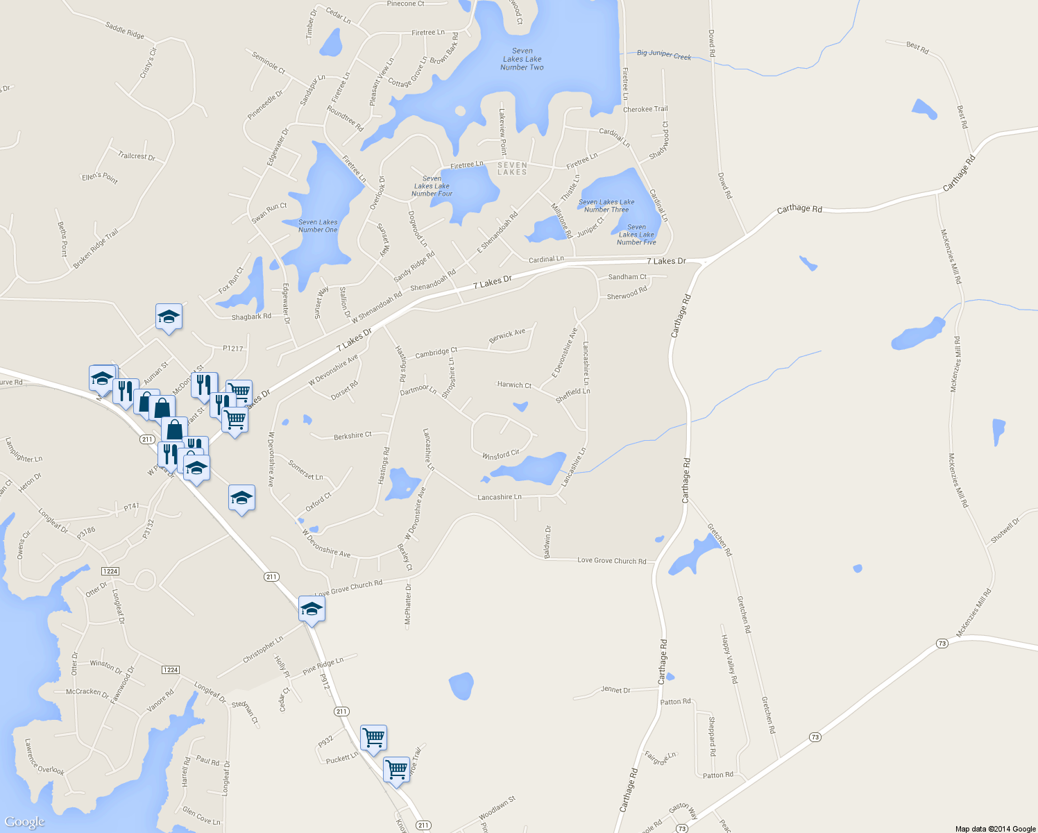 map of restaurants, bars, coffee shops, grocery stores, and more near 138 Winsford Circle in Seven Lakes