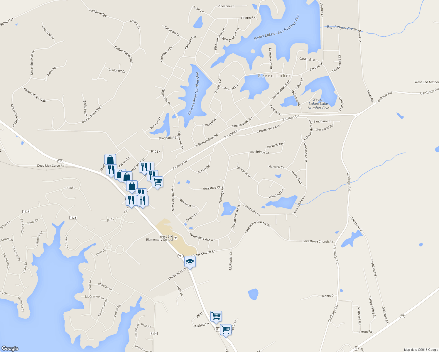 map of restaurants, bars, coffee shops, grocery stores, and more near 104 Essex Court in Seven Lakes