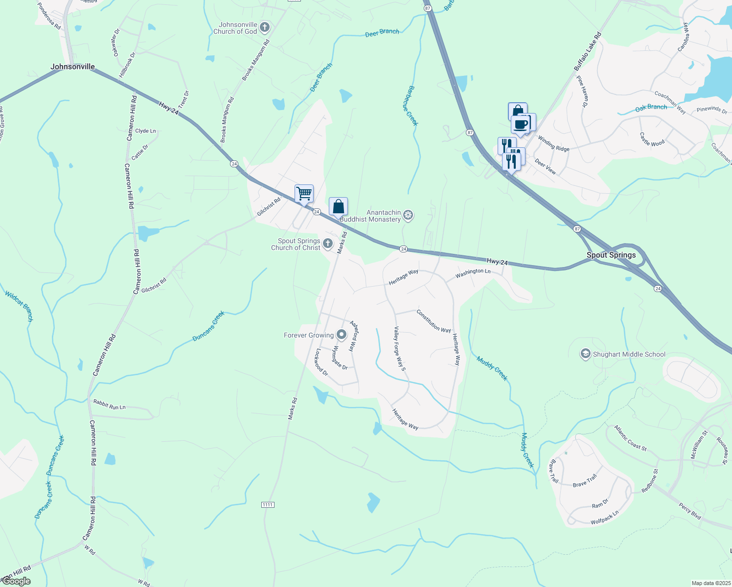 map of restaurants, bars, coffee shops, grocery stores, and more near 2088 Heritage Way in Cameron