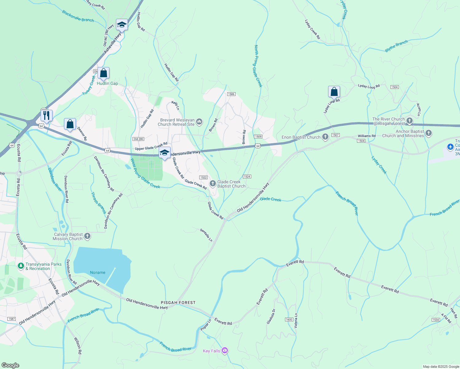 map of restaurants, bars, coffee shops, grocery stores, and more near 30 Joe Road in Pisgah Forest