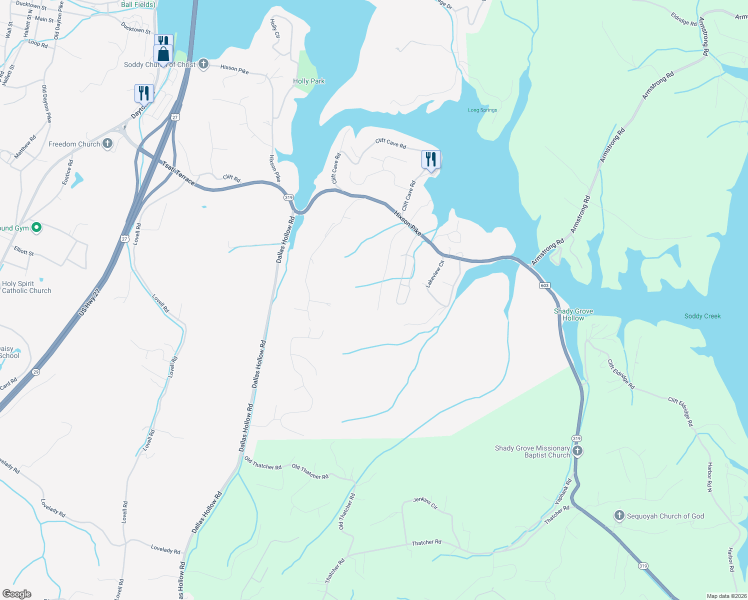 map of restaurants, bars, coffee shops, grocery stores, and more near 11173 Captains Cove Drive in Soddy-Daisy