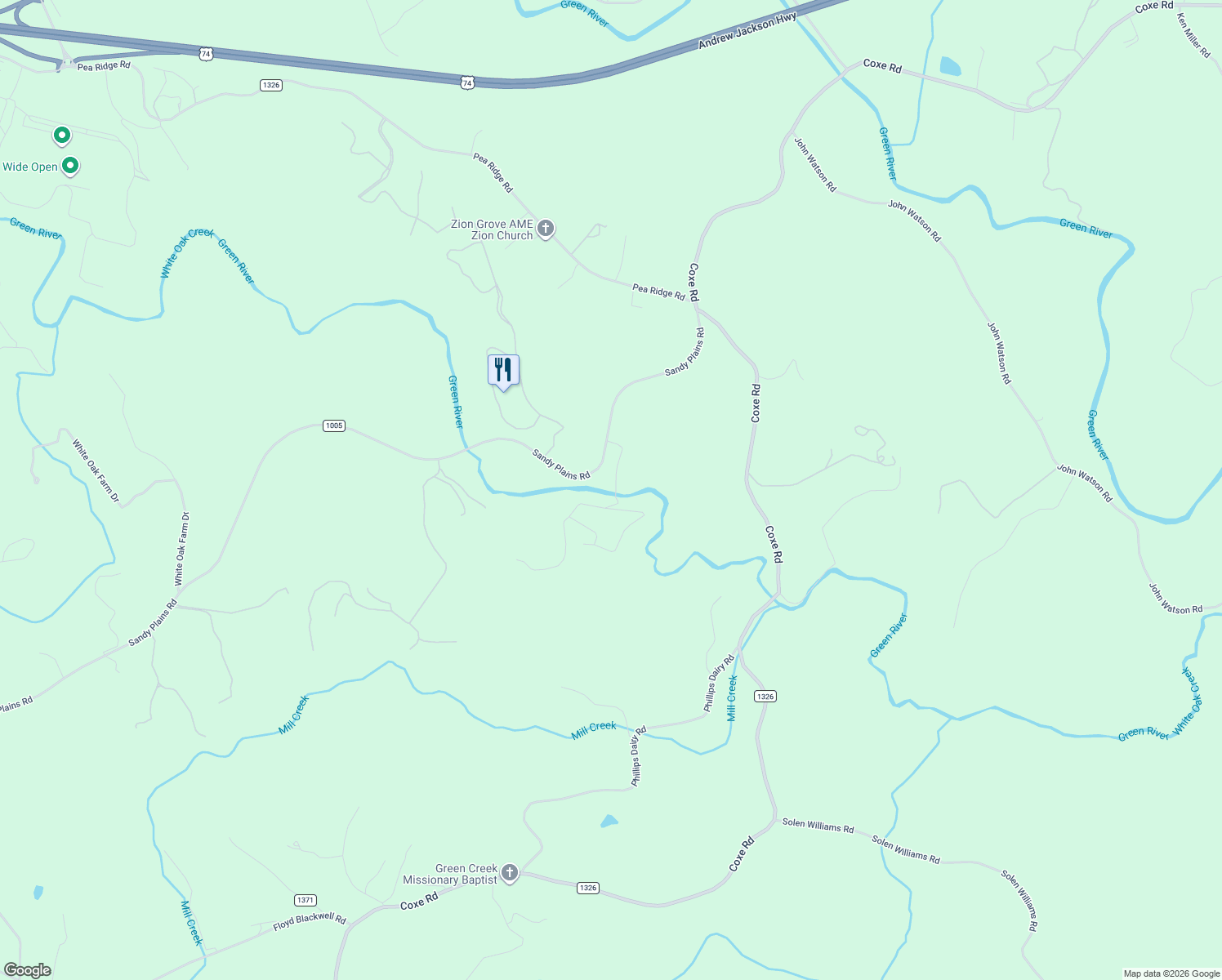 map of restaurants, bars, coffee shops, grocery stores, and more near 3772 Sandy Plains Road in Tryon