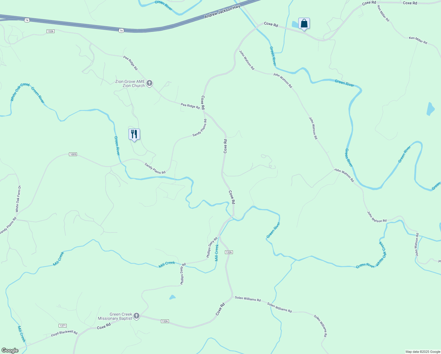 map of restaurants, bars, coffee shops, grocery stores, and more near 4395 Coxe Road in Tryon