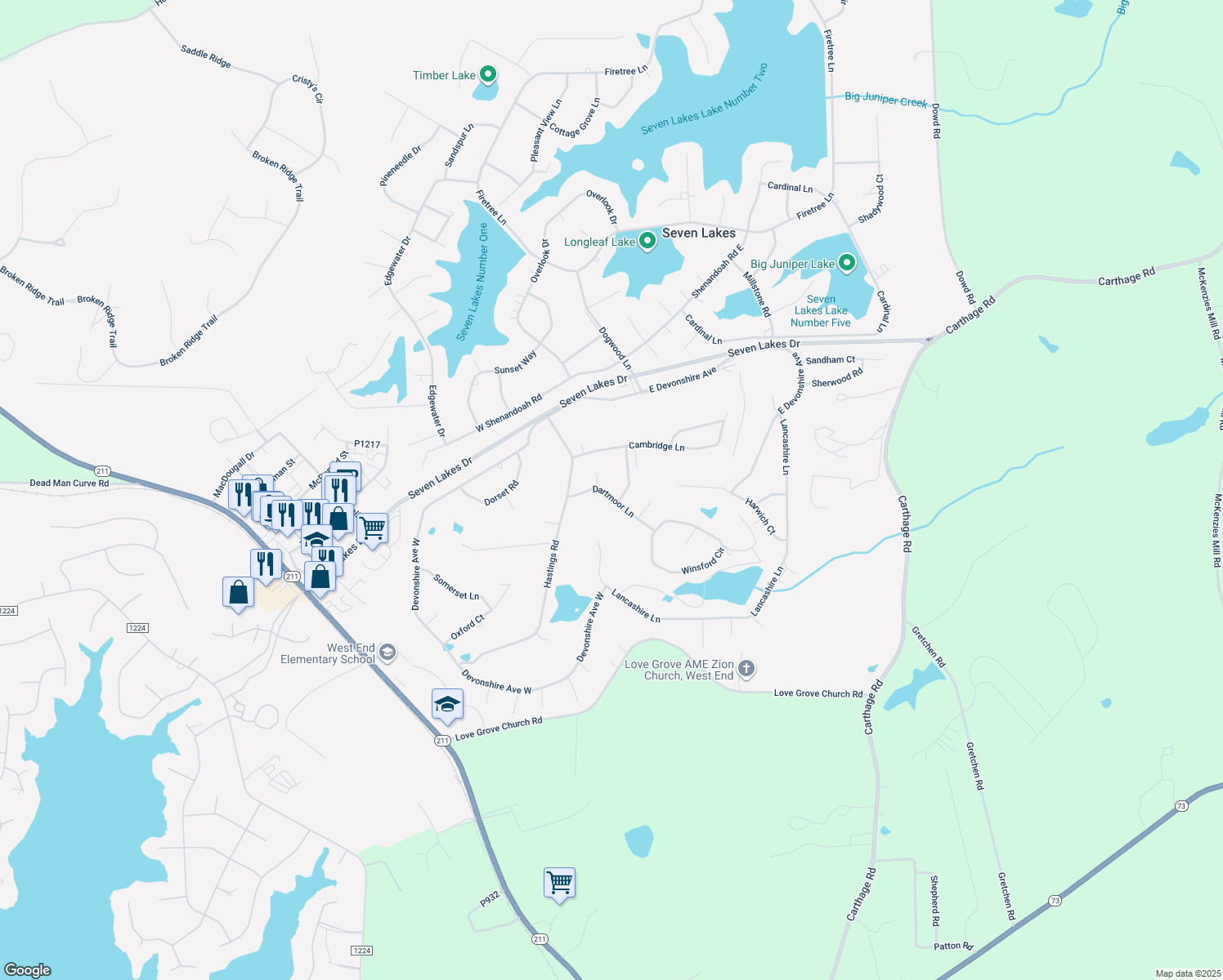 map of restaurants, bars, coffee shops, grocery stores, and more near 111 Dartmoor Lane in Seven Lakes