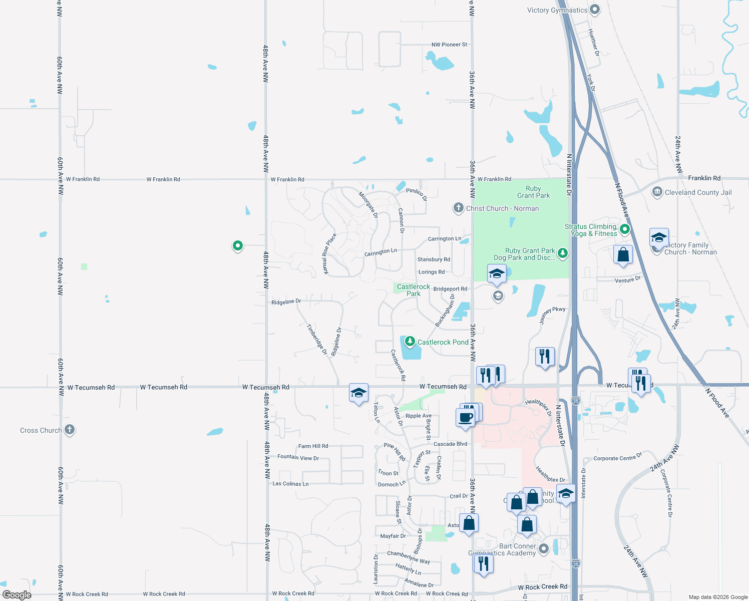 map of restaurants, bars, coffee shops, grocery stores, and more near 4056 Nicole Place in Norman