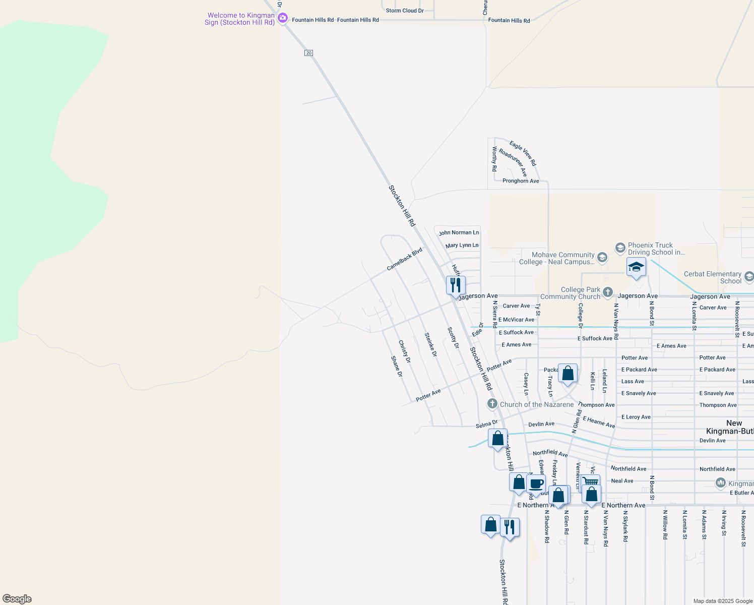 map of restaurants, bars, coffee shops, grocery stores, and more near 4949 Christy Dr in Kingman