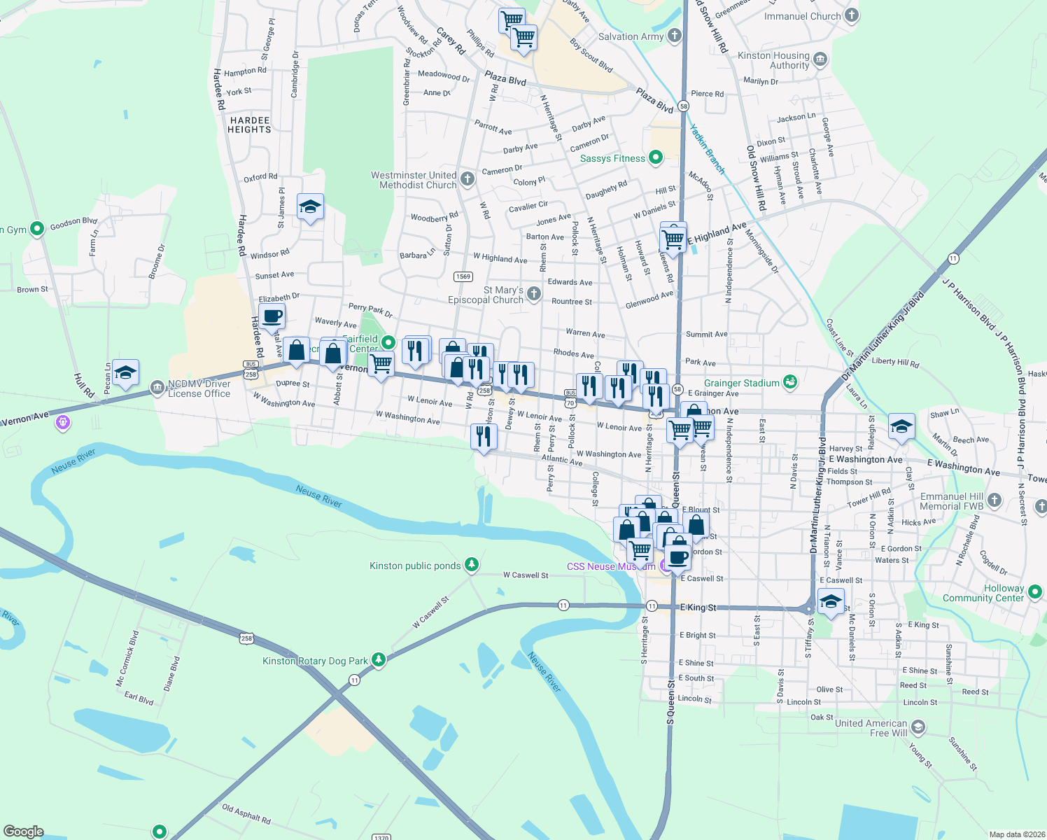 map of restaurants, bars, coffee shops, grocery stores, and more near 706 W Lenoir Ave in Kinston