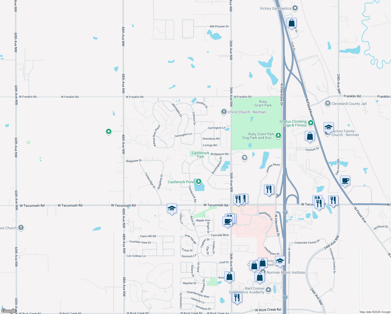 map of restaurants, bars, coffee shops, grocery stores, and more near 4120 Castlerock Road in Norman