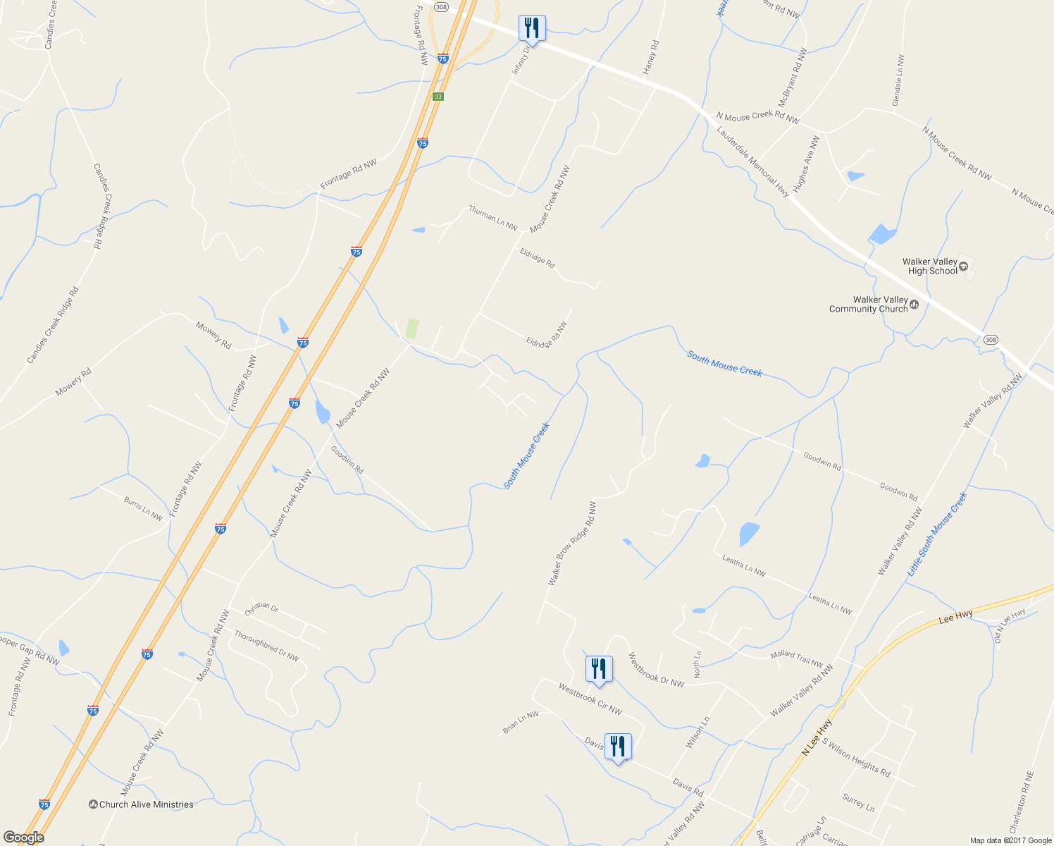 map of restaurants, bars, coffee shops, grocery stores, and more near 150 Doe Meadow Lane Northwest in Cleveland