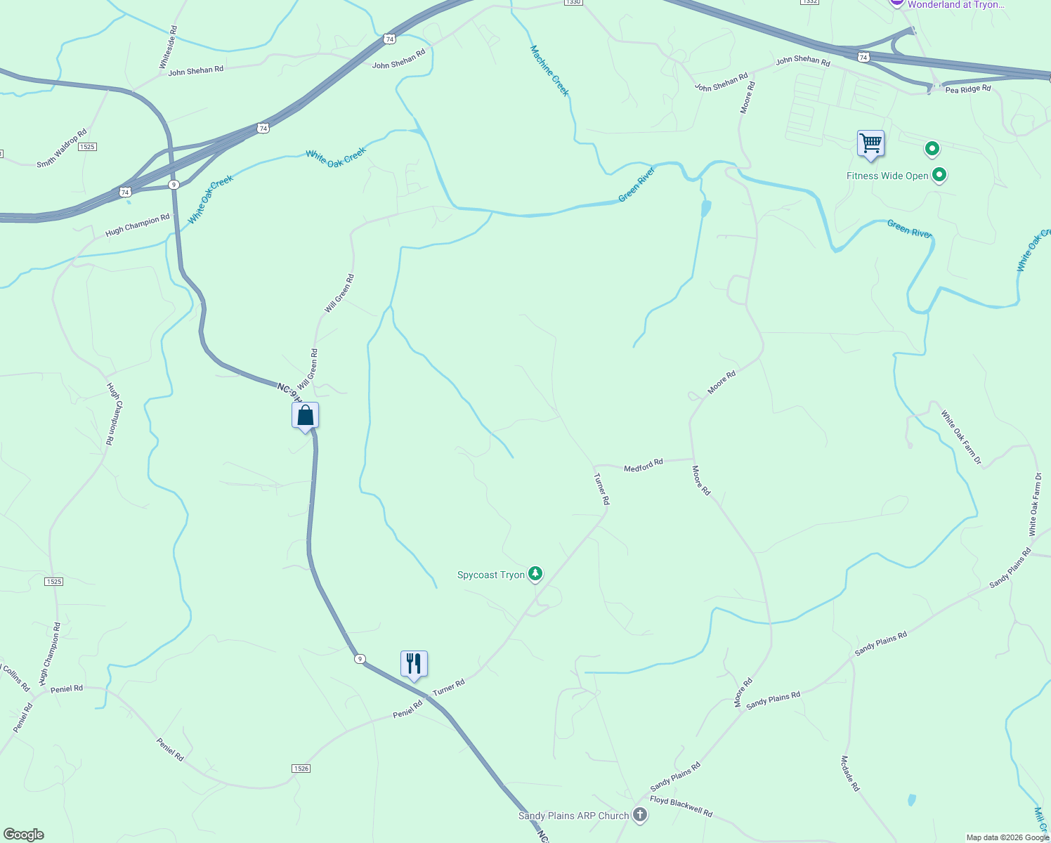 map of restaurants, bars, coffee shops, grocery stores, and more near 1307 Turner Road in Tryon