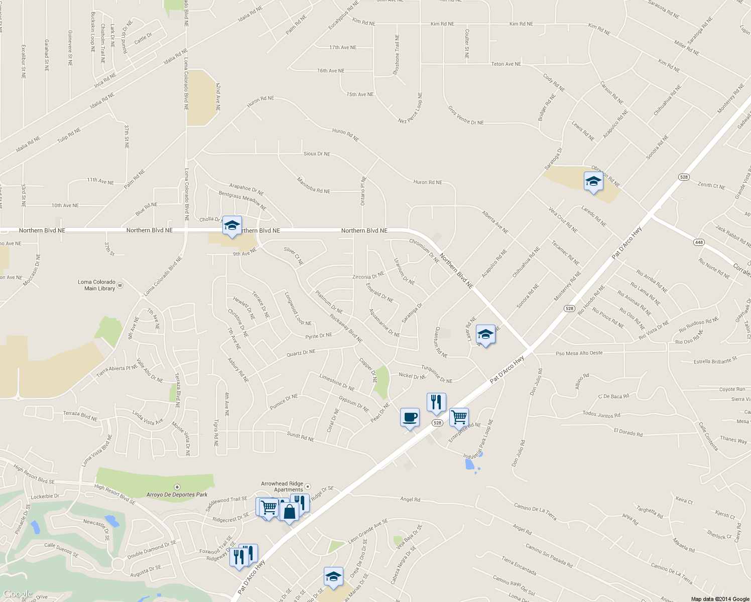 map of restaurants, bars, coffee shops, grocery stores, and more near 4615 Aquamarine Dr NE in Rio Rancho