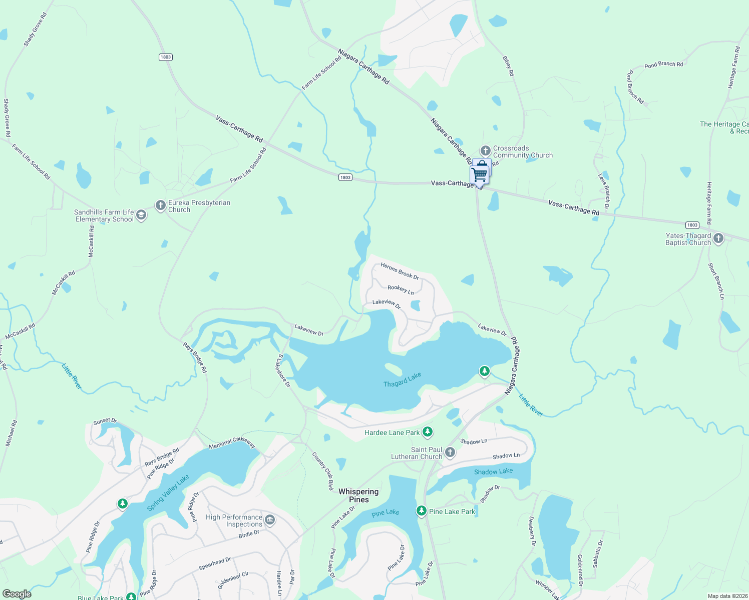 map of restaurants, bars, coffee shops, grocery stores, and more near 116 Lakeview Dr in Whispering Pines
