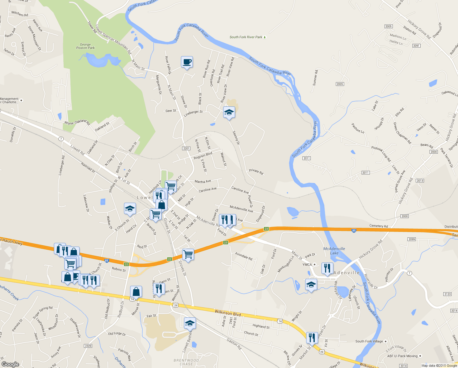 map of restaurants, bars, coffee shops, grocery stores, and more near 901 Stowe Drive in Lowell
