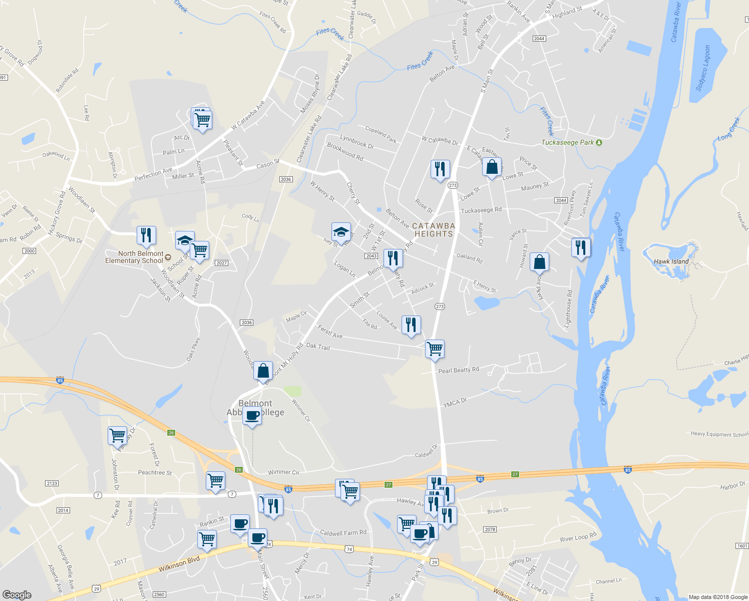 map of restaurants, bars, coffee shops, grocery stores, and more near 205 Louise Avenue in Belmont