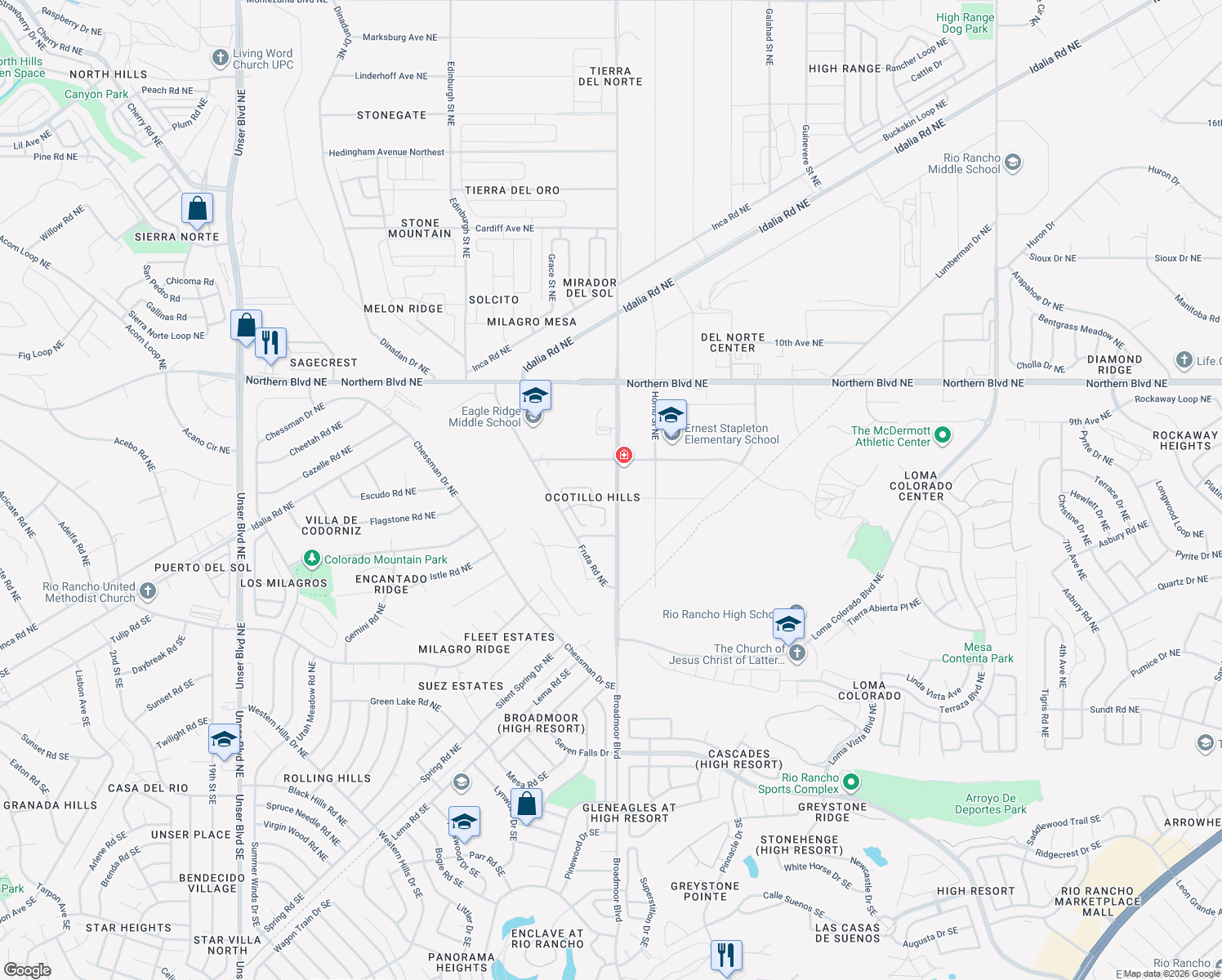 map of restaurants, bars, coffee shops, grocery stores, and more near 701 Broadmoor Boulevard Northeast in Rio Rancho